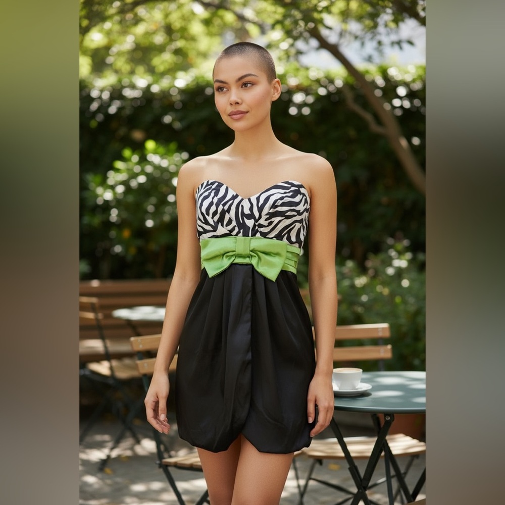 Vintage Zebra Strapless Tulip Dress with Green Bow Size 9